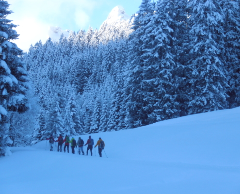 Schneeschuhwanderung Aufbruch vom Parkplatz